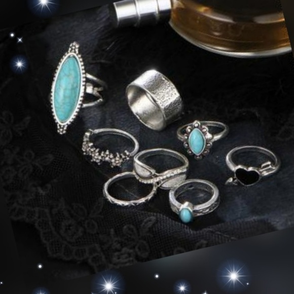 Antique Sliver Turquoise stackable ring 8pc set - Picture 3 of 4